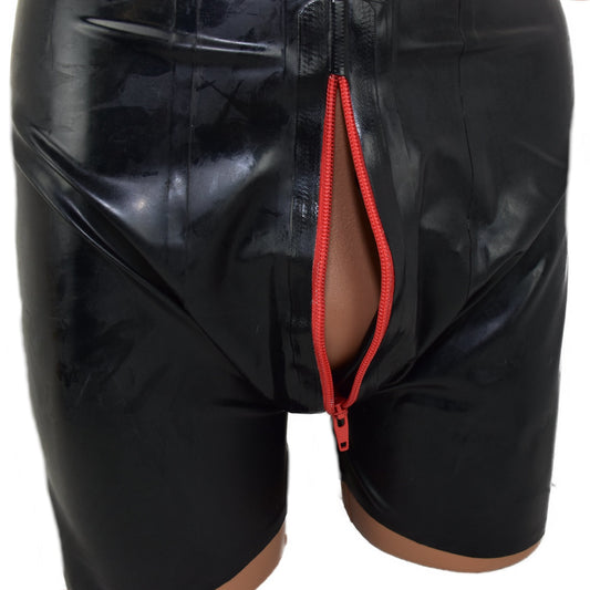 Latex Shorts - mit rotem Bund und Reißverschluss