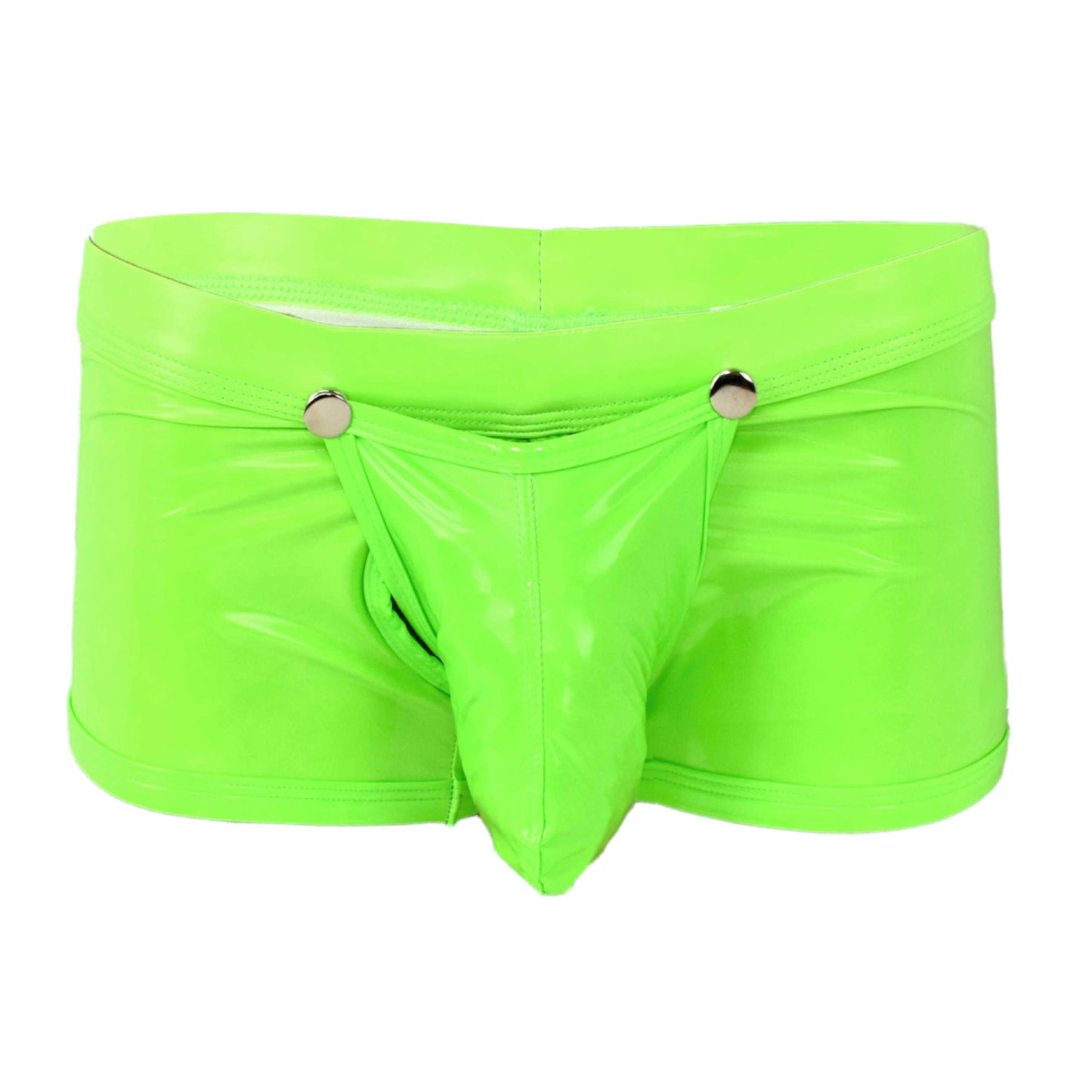 Patent leather boxer shorts with snap fasteners for opening at the front