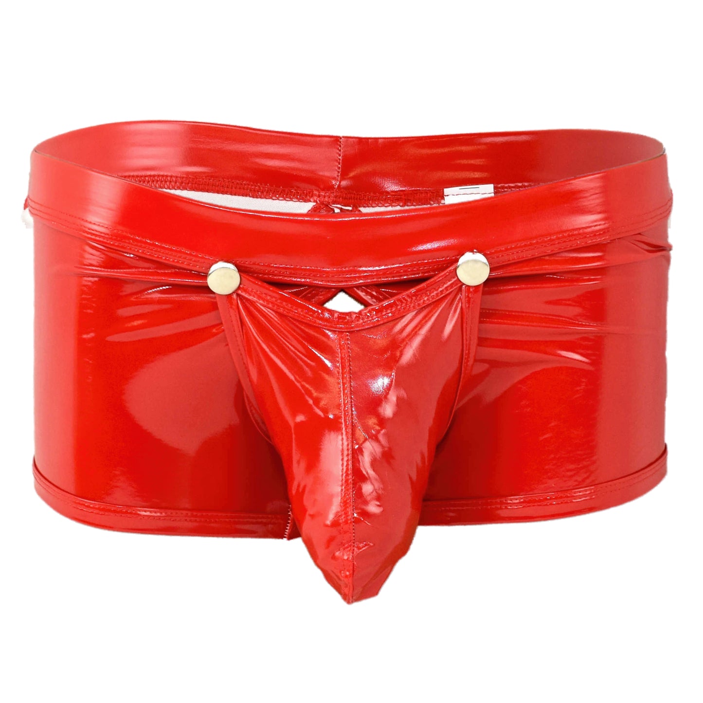 Patent leather boxer shorts with snap fasteners for opening at the front