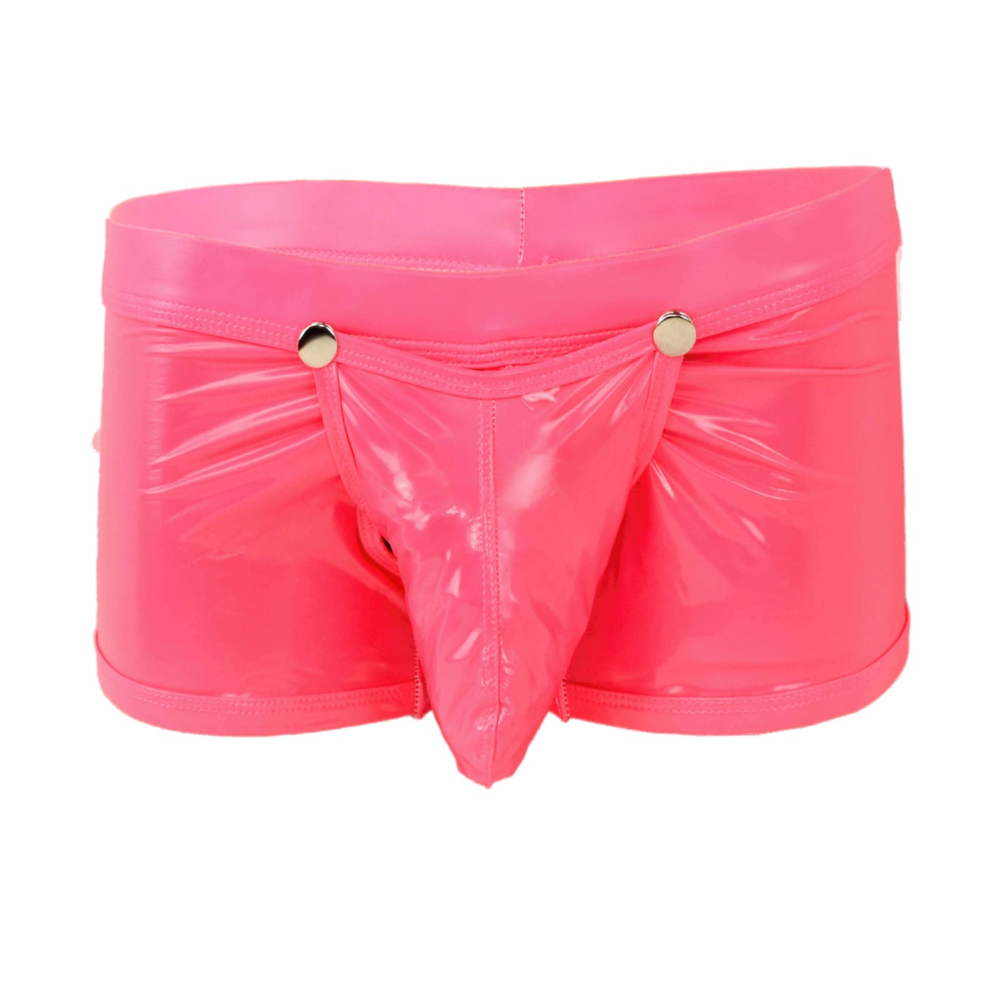 Patent leather boxer shorts with snap fasteners for opening at the front