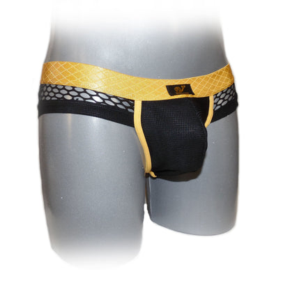 Pants with contrasting seam and mesh fabric
