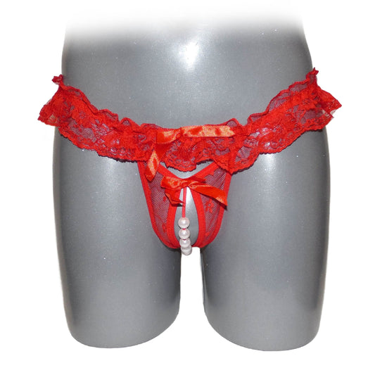 Red Sheer Lace Ruffle Beaded Open Crotch String