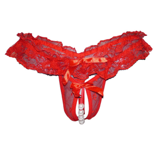 Red Sheer Lace Ruffle Beaded Open Crotch String