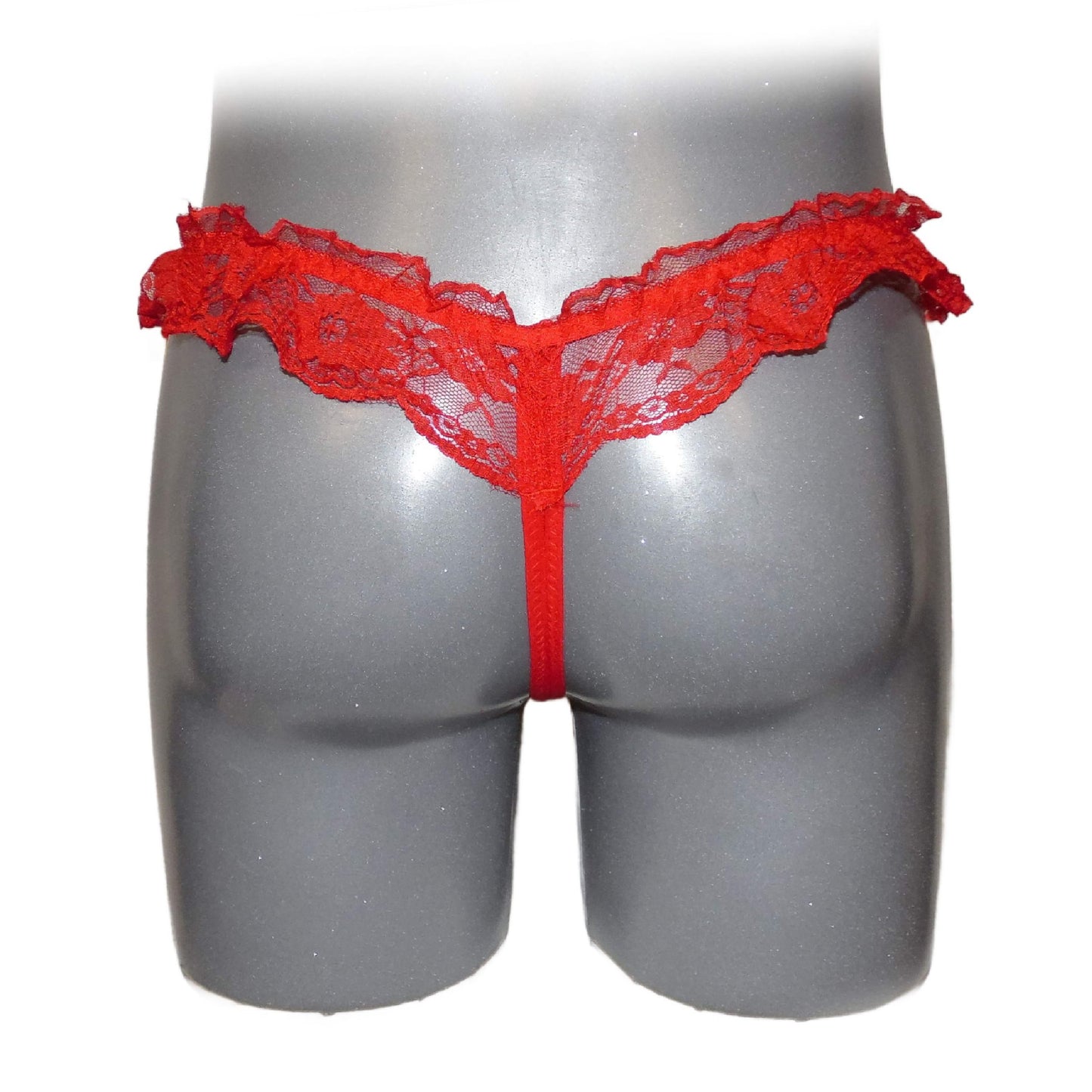 Red Sheer Lace Ruffle Beaded Open Crotch String