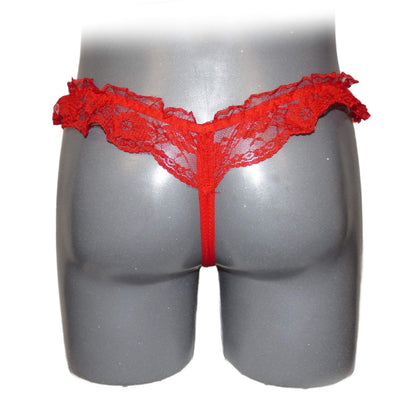 Red Sheer Lace Ruffle Beaded Open Crotch String