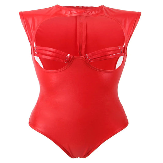 Red Leather Open Bust Teddy
