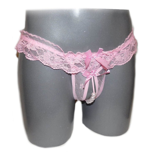 Sheer Lace Ruffle Beaded Open Crotch String