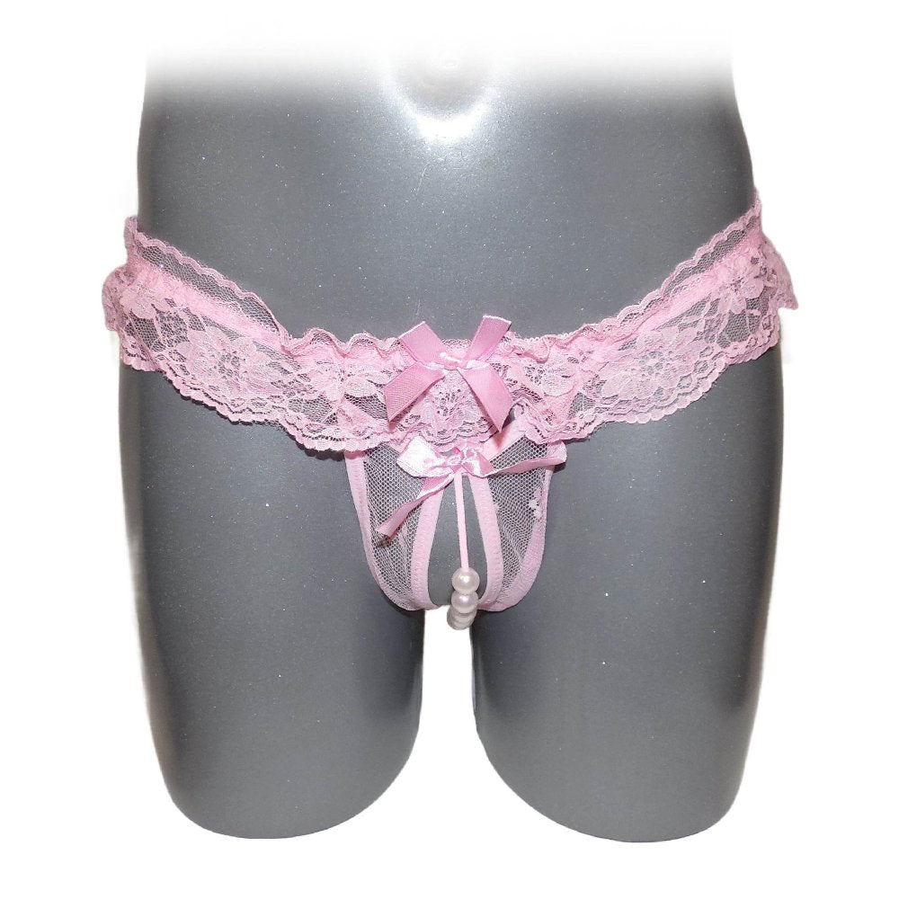 Sheer Lace Ruffle Beaded Open Crotch String