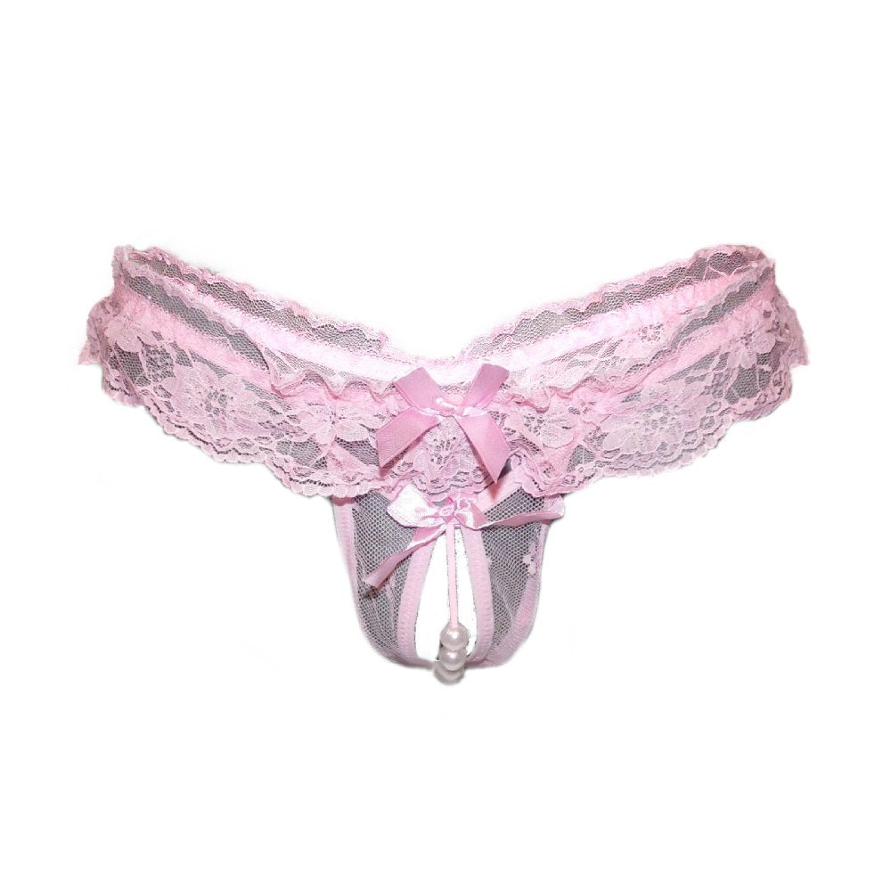 Sheer Lace Ruffle Beaded Open Crotch String