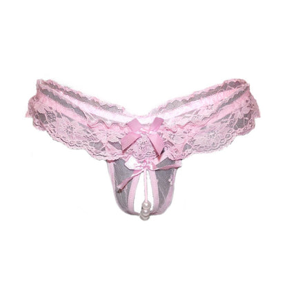 Sheer Lace Ruffle Beaded Open Crotch String