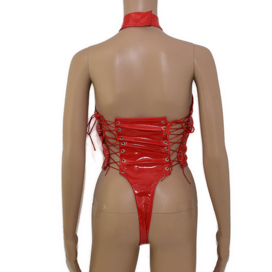 Damen Lack Bodystring mit Reißverschluss