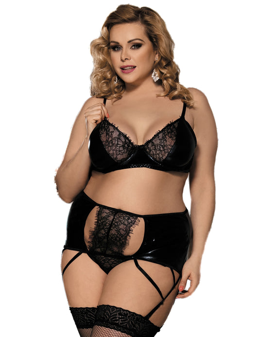 Damenset Strumpfband und BH aus Vinyl und Spitze