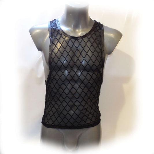 Men Sexy Mesh Plaid Transparent Tank Tops Undershirts