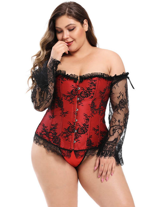 Lace Sleeves Stitching Red Corset