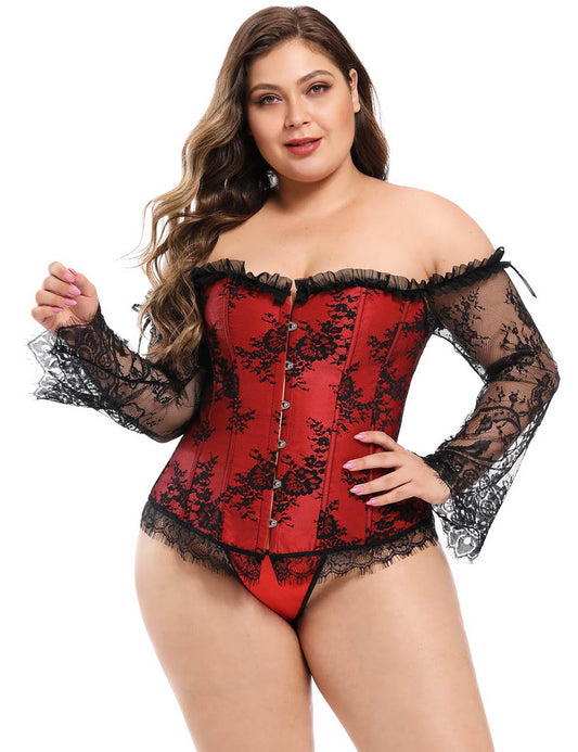 Lace Sleeves Stitching Red Corset
