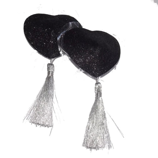 Nippel Cover Herz Schwarz glänzend mit silbernem Bommel