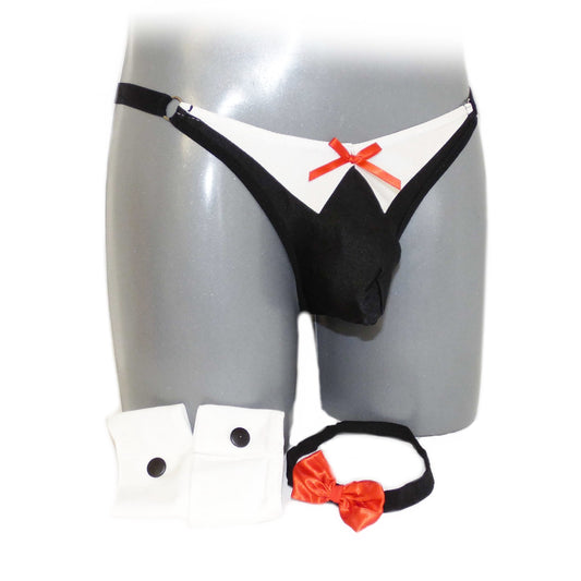 Set Butler  Bow Suit Thong Briefs with Collar and Bracelets