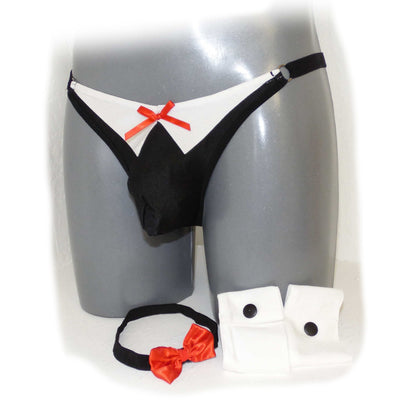 Set Butler  Bow Suit Thong Briefs with Collar and Bracelets