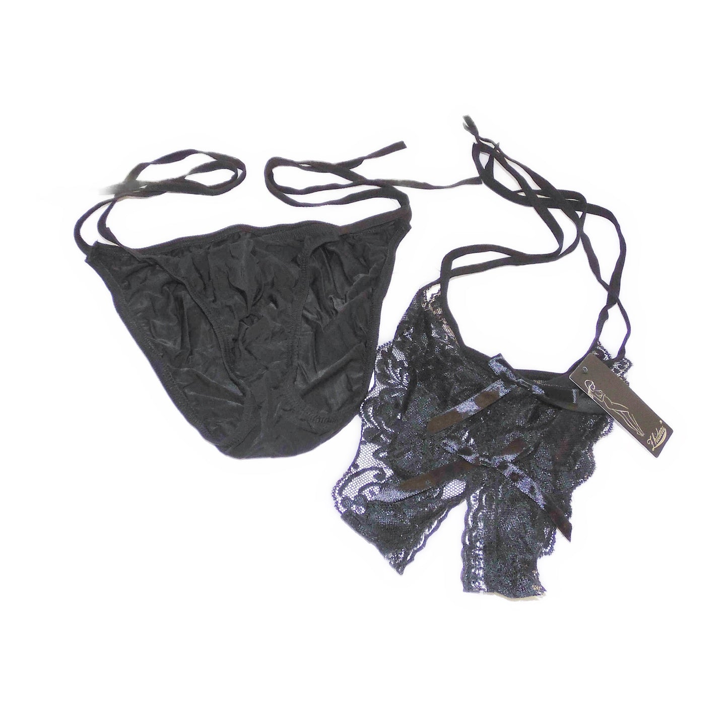 Set of transparent thongs and strings for couples, tie-on style