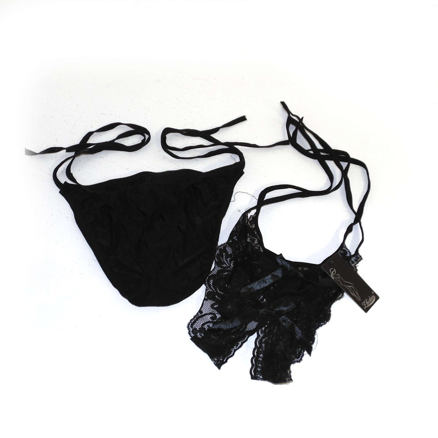 Set of transparent thongs and strings for couples, tie-on style