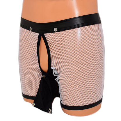 Long Pants Mesh Faux Leather Open Back