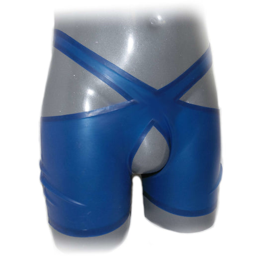 Latex shorts with open crotch in a transparent look