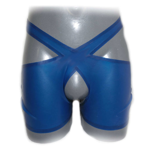 Latex shorts with open crotch in a transparent look