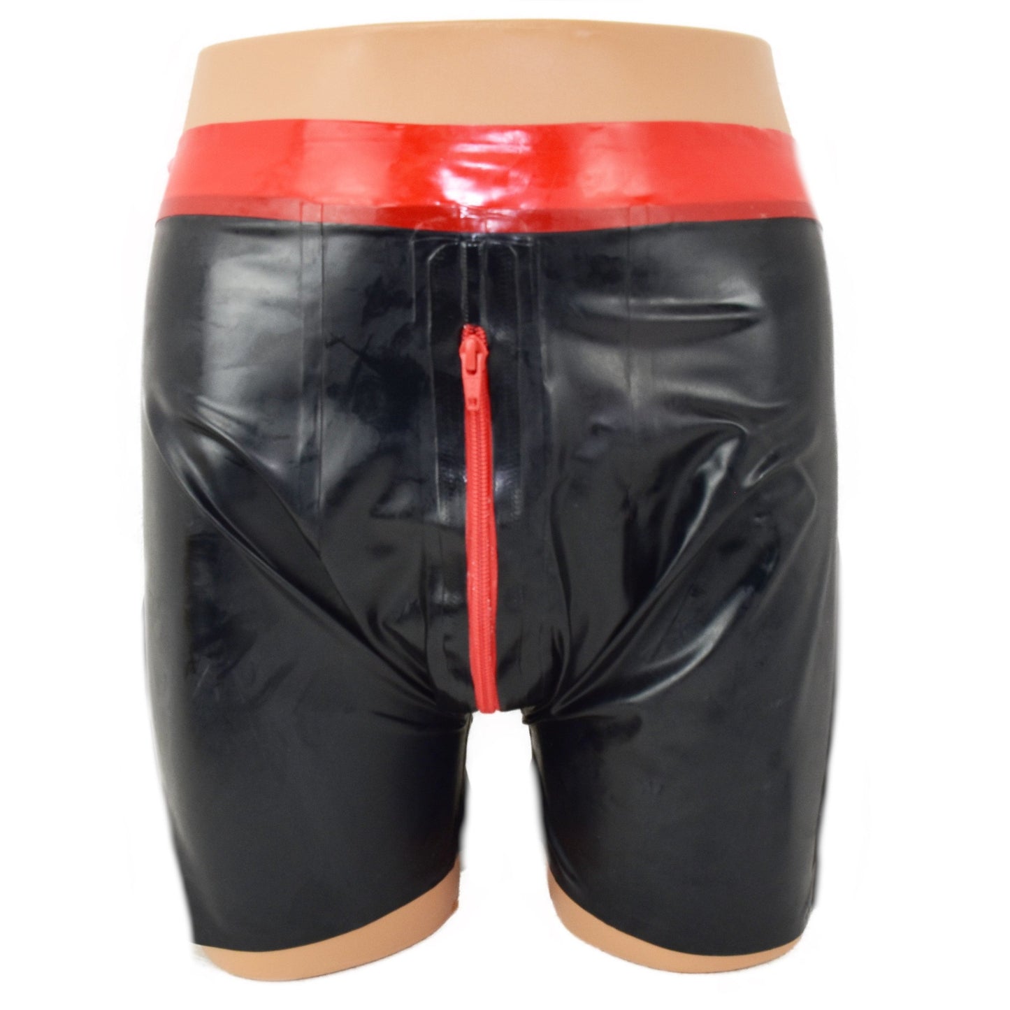 Latex Shorts - mit rotem Bund und Reißverschluss