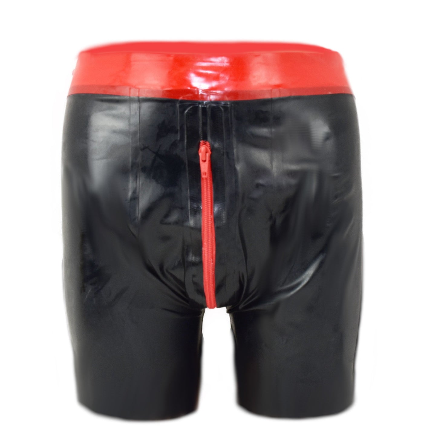 Latex Shorts - mit rotem Bund und Reißverschluss