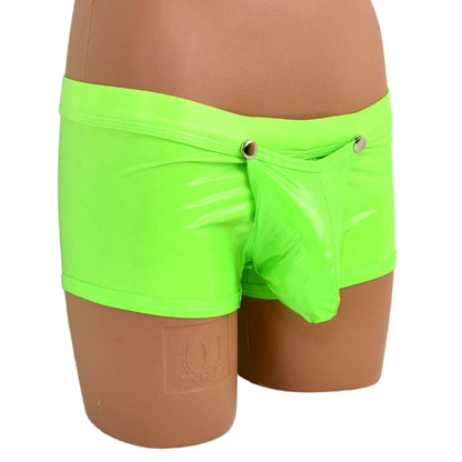 Patent leather boxer shorts with snap fasteners for opening at the front
