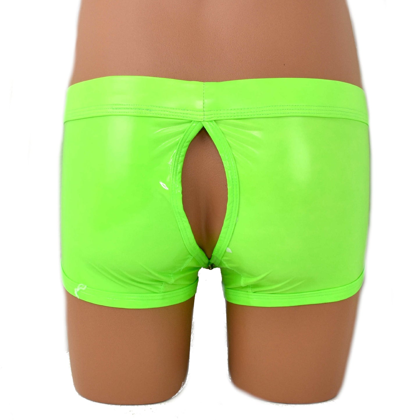Patent leather boxer shorts with snap fasteners for opening at the front