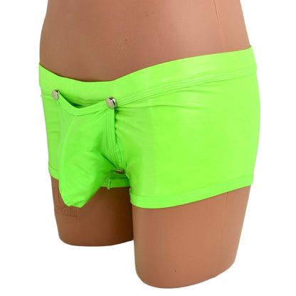 Patent leather boxer shorts with snap fasteners for opening at the front