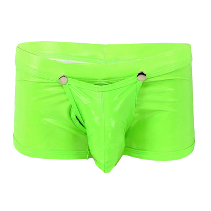 Patent leather boxer shorts with snap fasteners for opening at the front