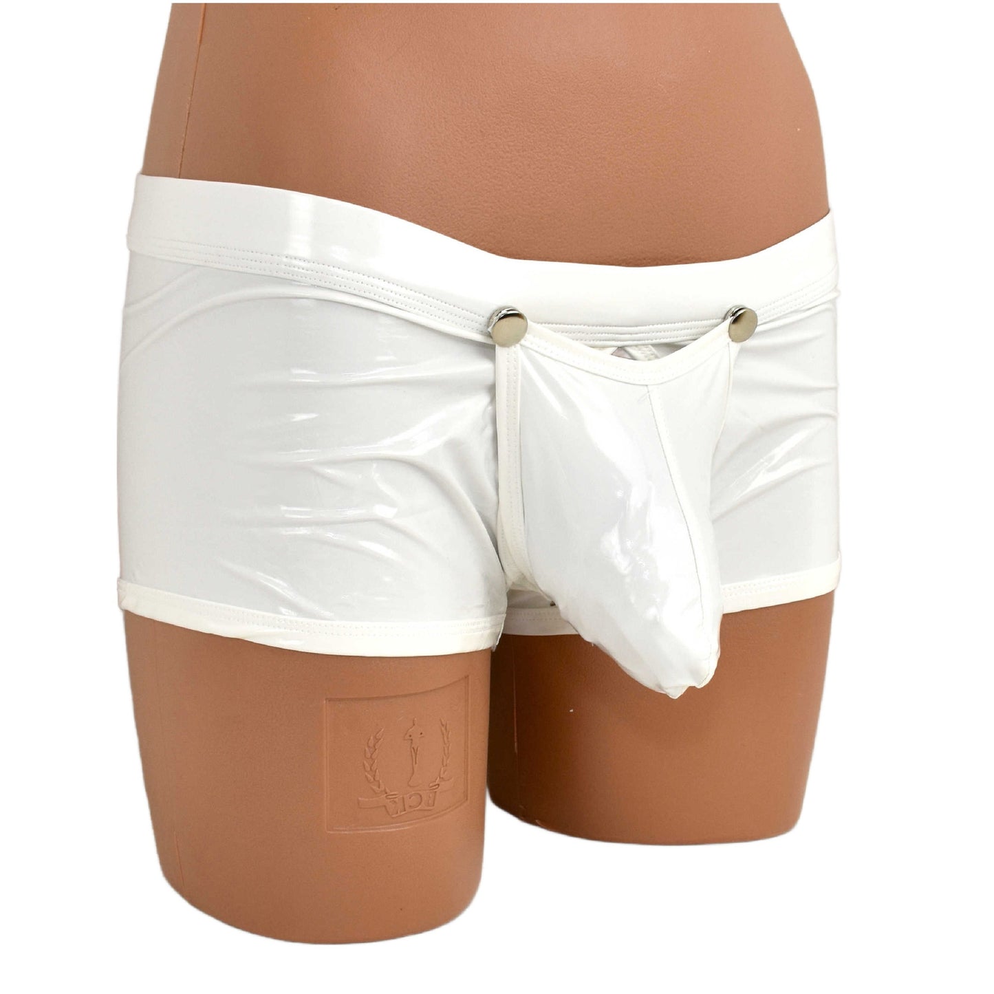 Patent leather boxer shorts with snap fasteners for opening at the front