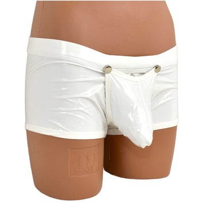 Patent leather boxer shorts with snap fasteners for opening at the front