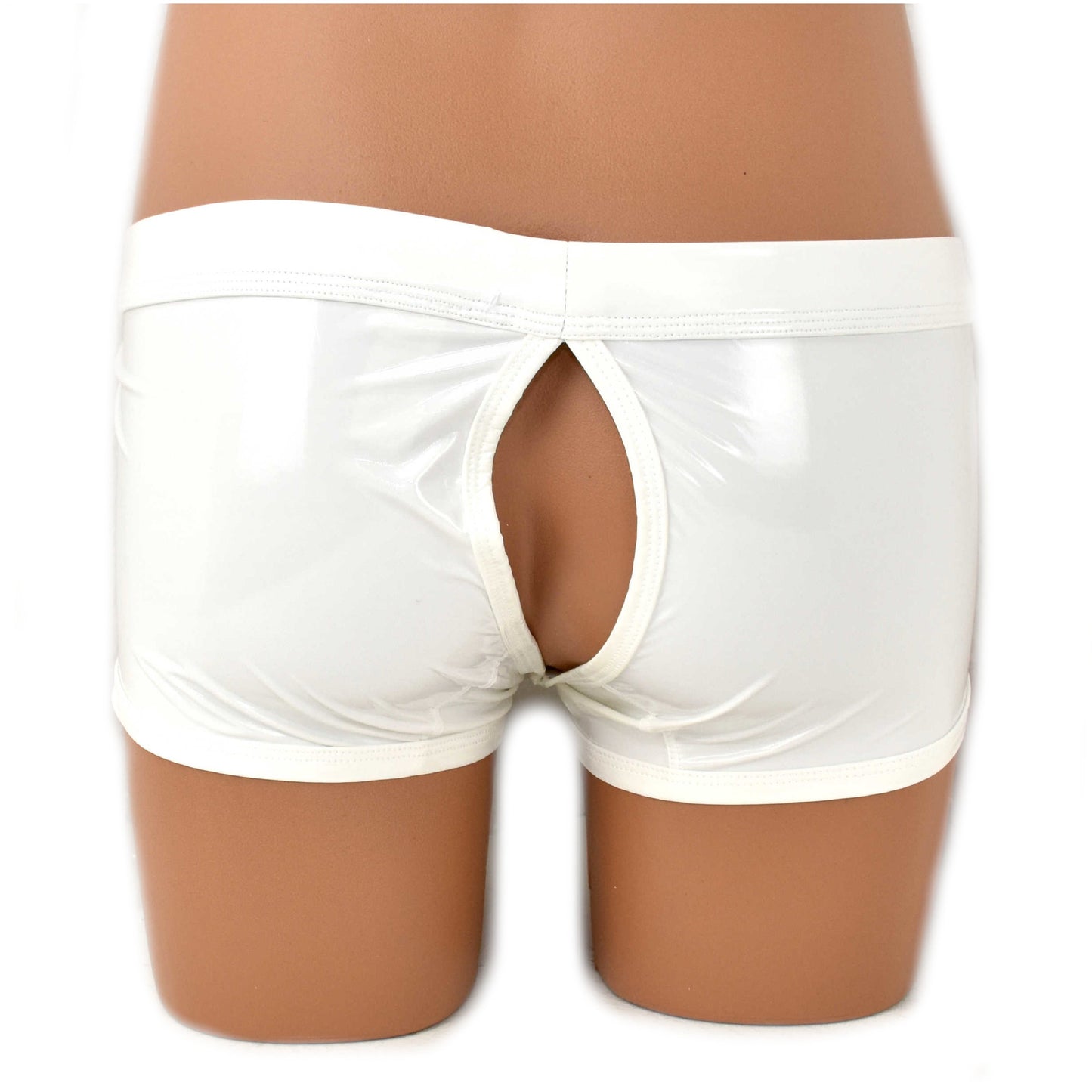 Patent leather boxer shorts with snap fasteners for opening at the front