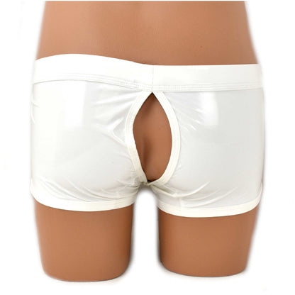 Patent leather boxer shorts with snap fasteners for opening at the front