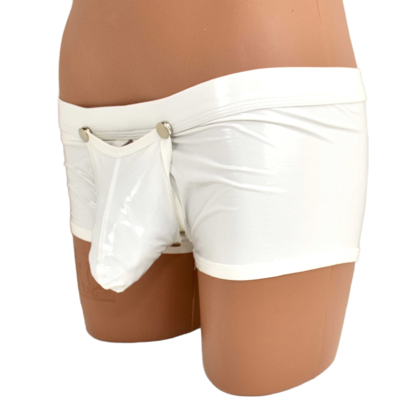 Patent leather boxer shorts with snap fasteners for opening at the front