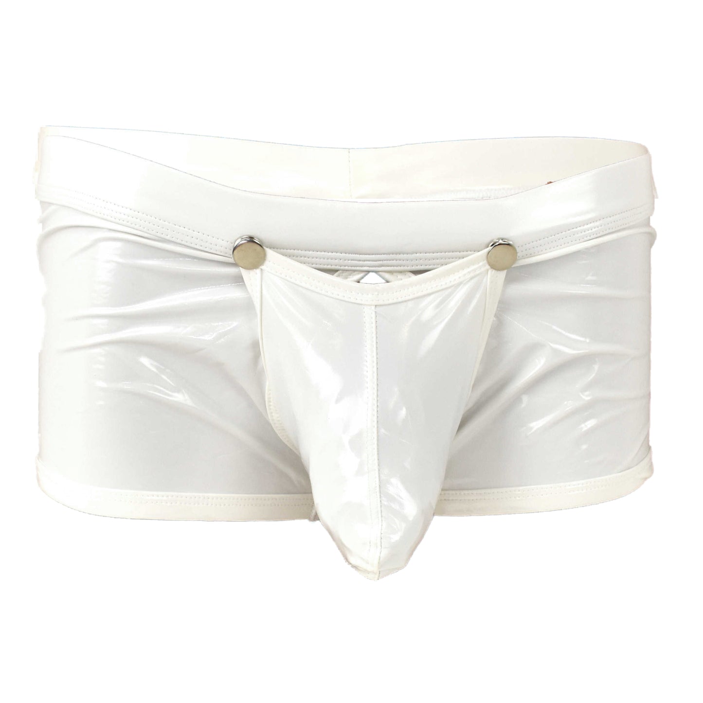 Patent leather boxer shorts with snap fasteners for opening at the front