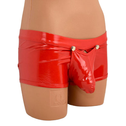 Patent leather boxer shorts with snap fasteners for opening at the front
