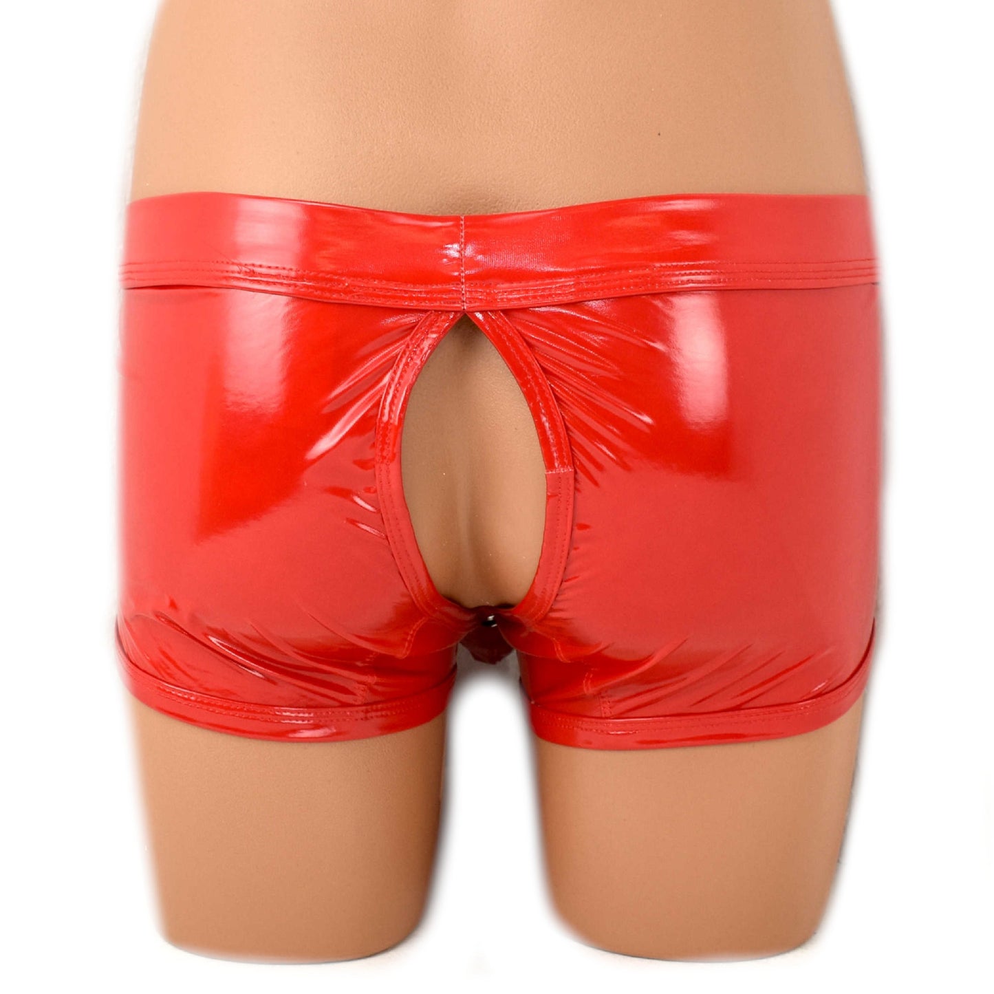 Patent leather boxer shorts with snap fasteners for opening at the front