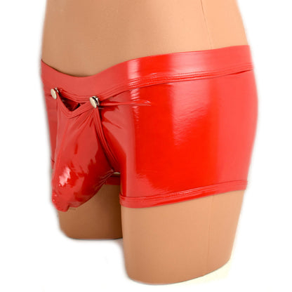 Patent leather boxer shorts with snap fasteners for opening at the front