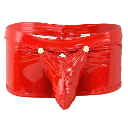 Patent leather boxer shorts with snap fasteners for opening at the front