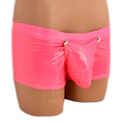Patent leather boxer shorts with snap fasteners for opening at the front