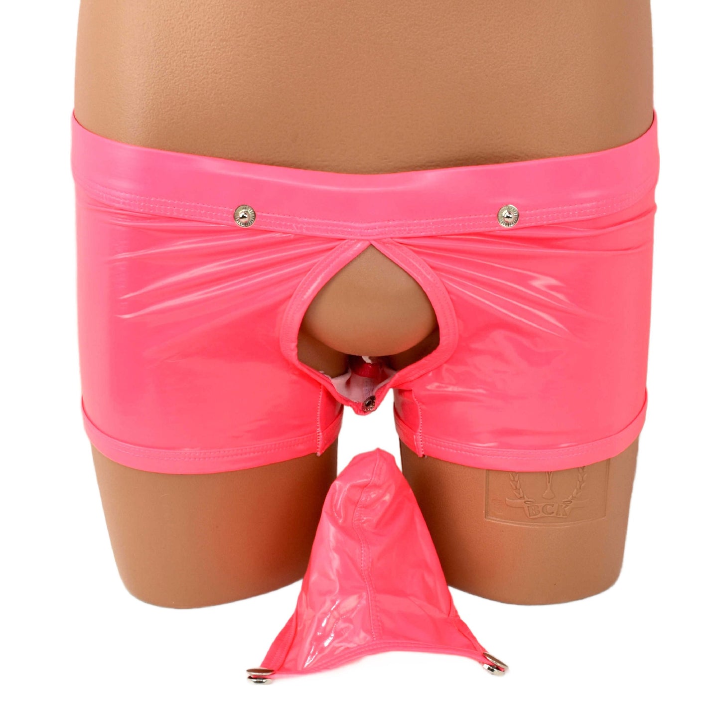 Patent leather boxer shorts with snap fasteners for opening at the front