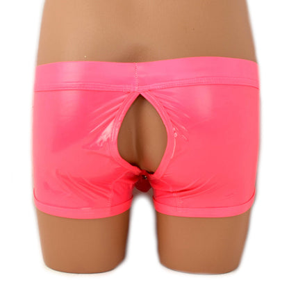 Patent leather boxer shorts with snap fasteners for opening at the front