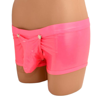 Patent leather boxer shorts with snap fasteners for opening at the front