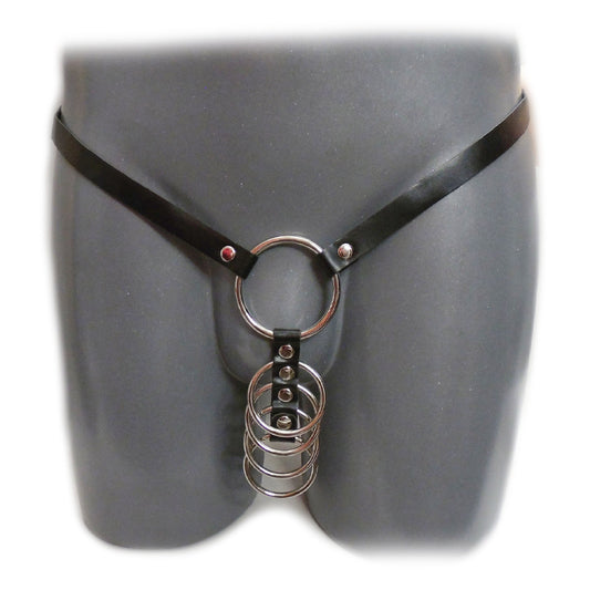 Male Leather Shorts with 5 Penis Rings