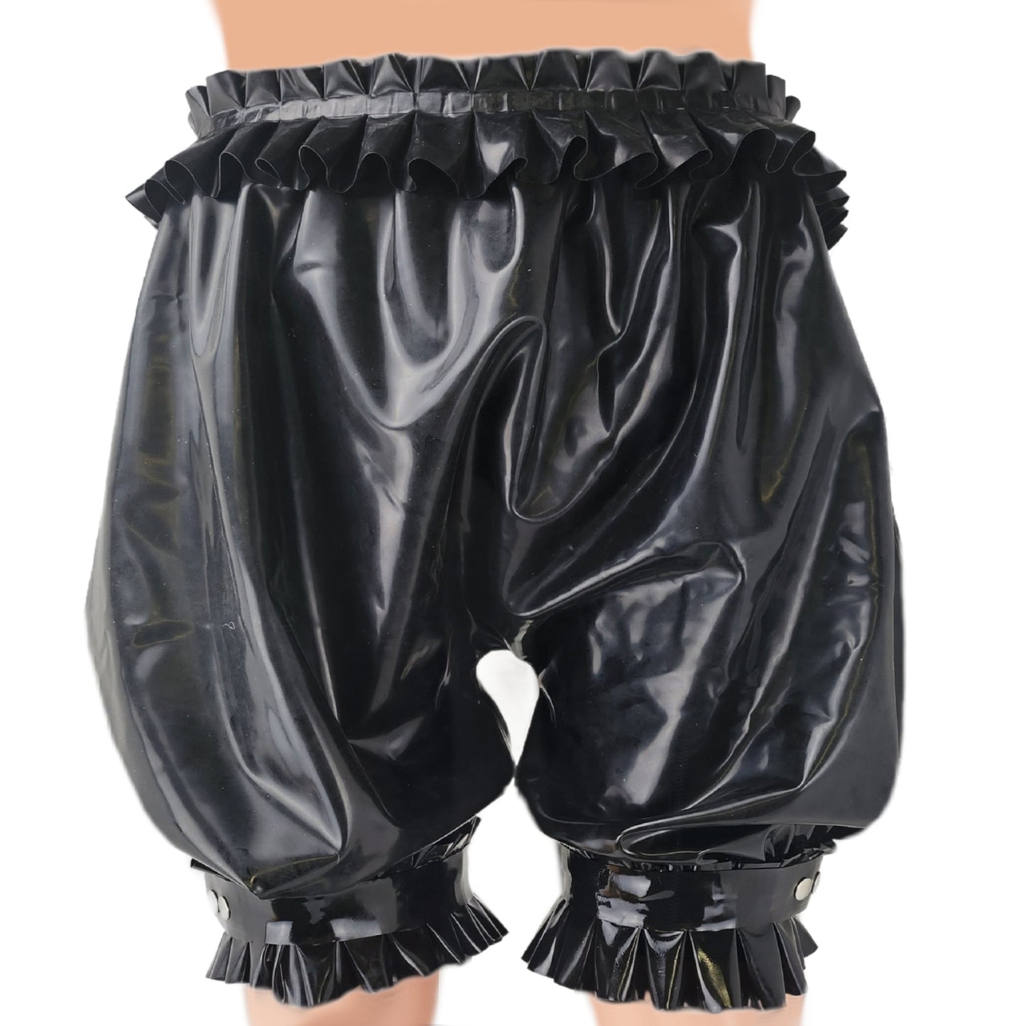 Latex shorts with ruffles at the waist and leg