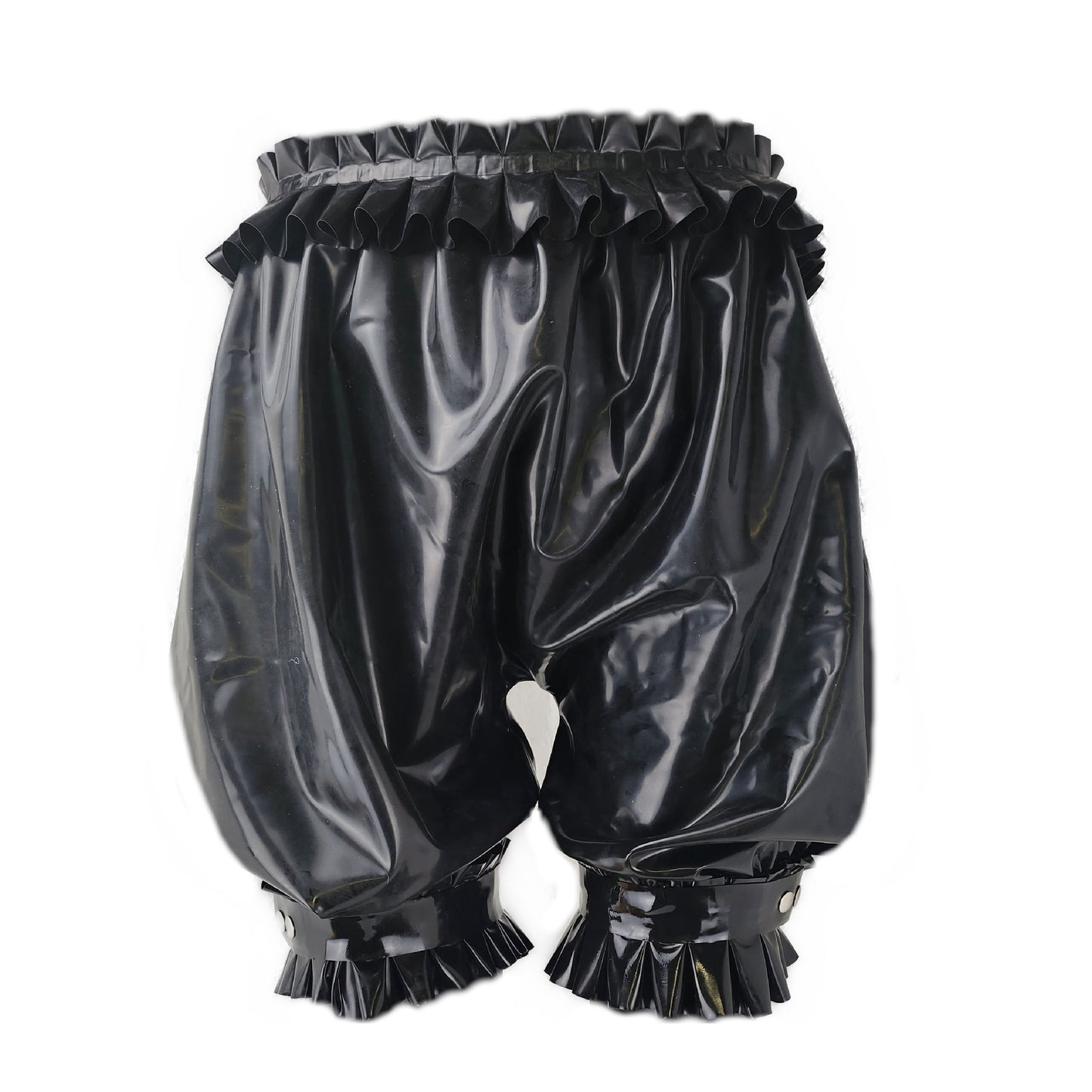 Latex shorts with ruffles at the waist and leg